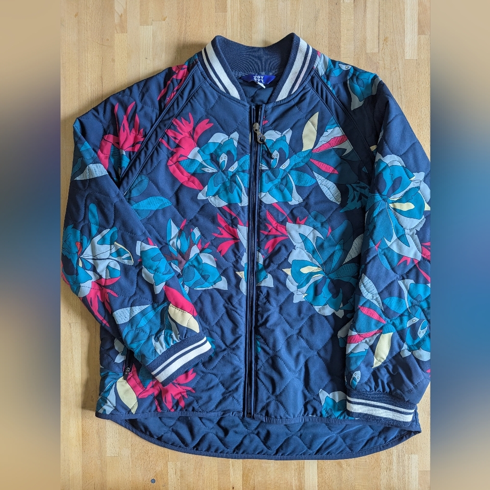 JoyLab Navy Blue Quilted Hibiscus Tropical Floral Full Zip Bomber Jacket Size L